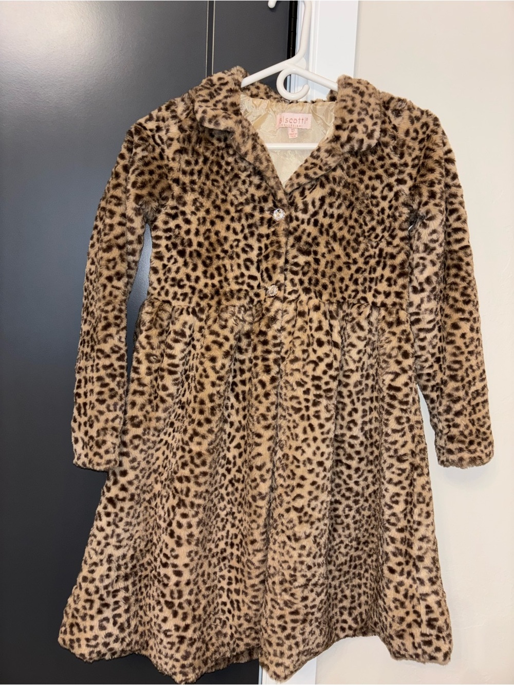 Biscotti Tan Leopard Print Long Soft Plush Winter Jacket size 12 Faux Fur Long